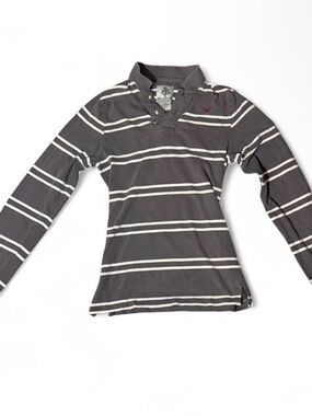 Vintage Hollister Long Sleeve Striped Polo Top With Bird Hit
